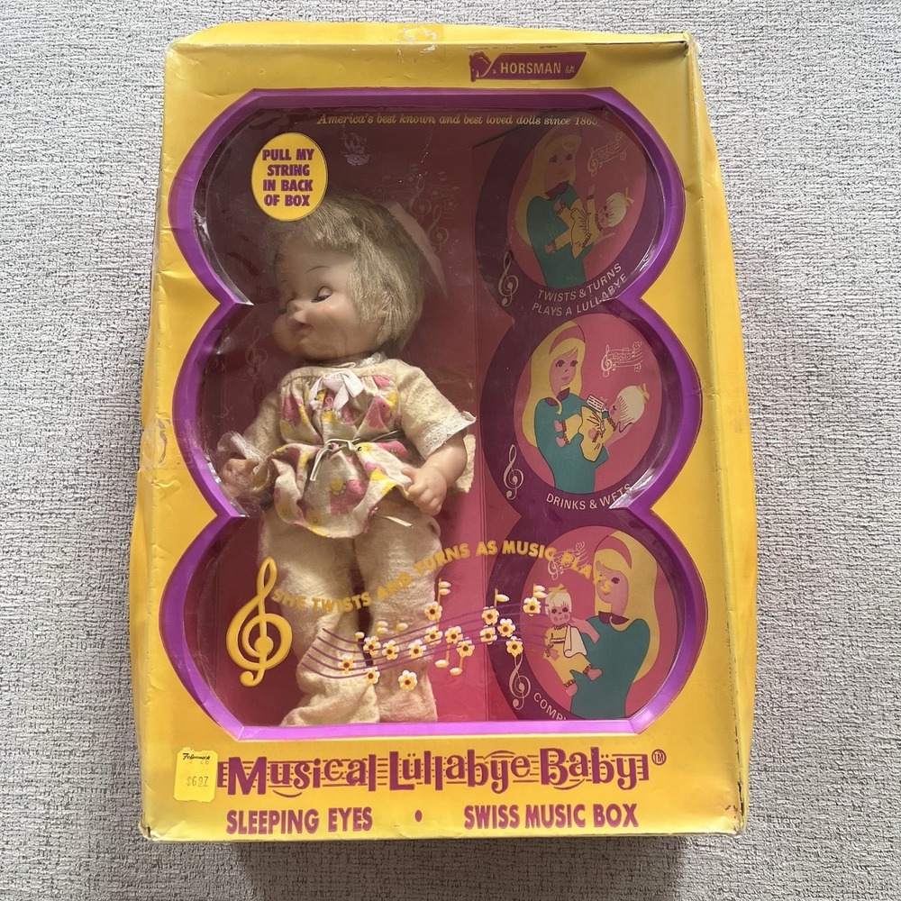 Vintage Horsman Musical‎ Lullaby Baby Doll Pull String Head Moves w/Music 12"